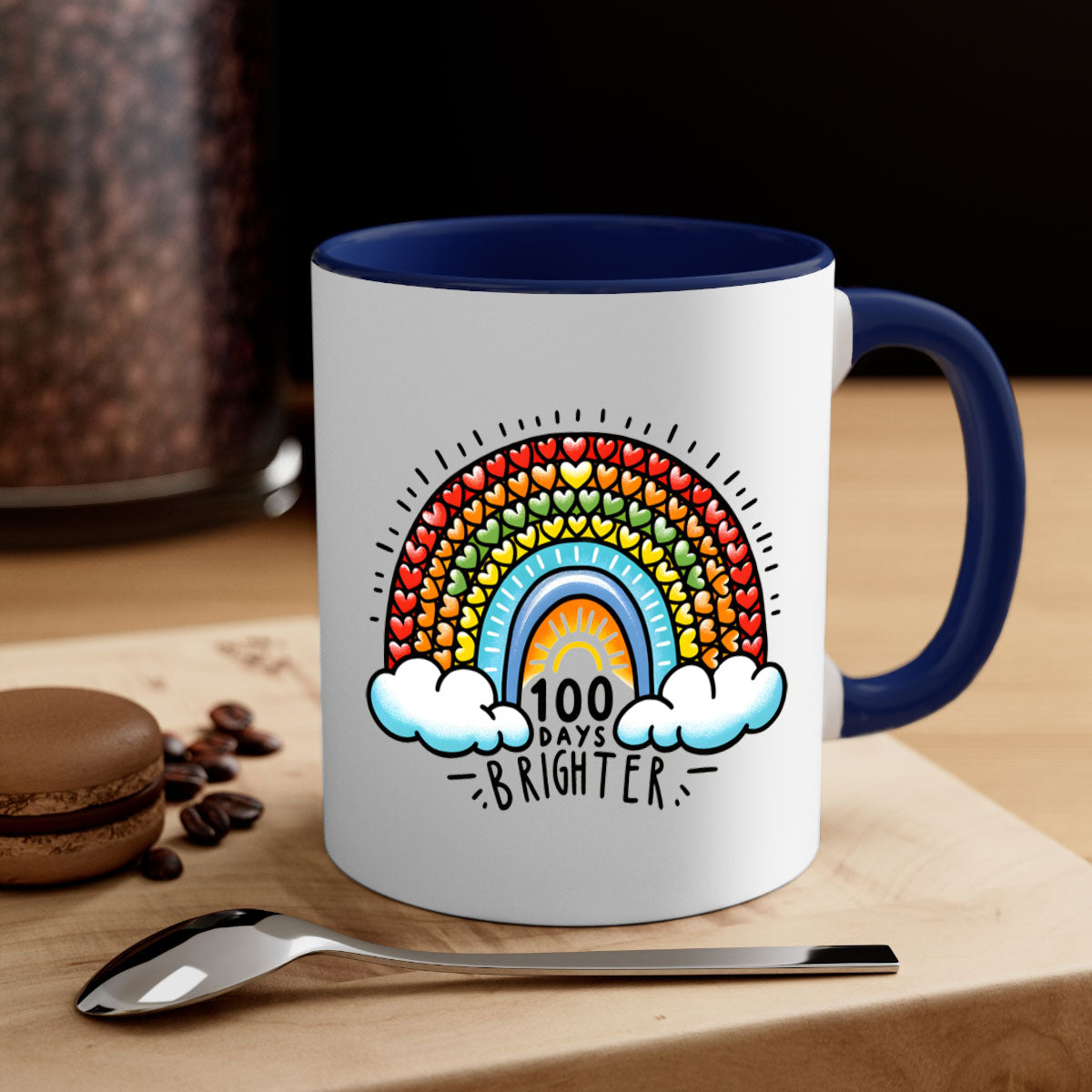 A vibrant two-tone 100 Days Brighter Mug with a colored handle and glossy finish, available in multiple colors.