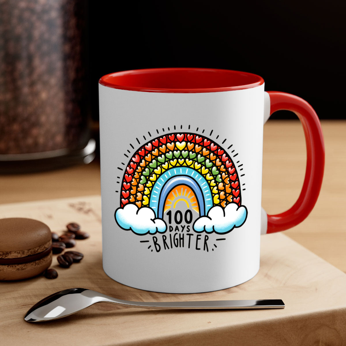 A vibrant two-tone 100 Days Brighter Mug with a colored handle and glossy finish, available in multiple colors.
