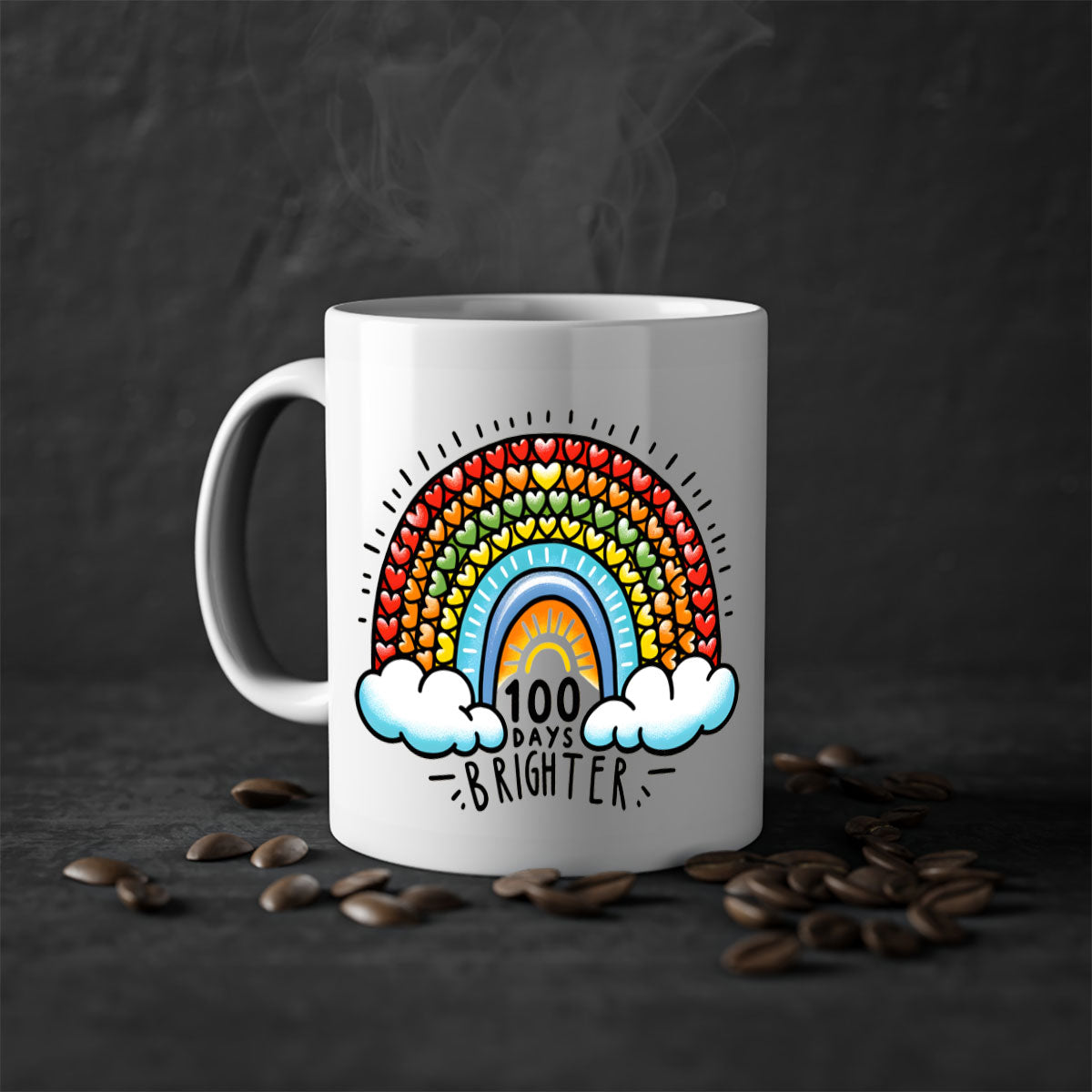 A vibrant two-tone 100 Days Brighter Mug with a colored handle and glossy finish, available in multiple colors.