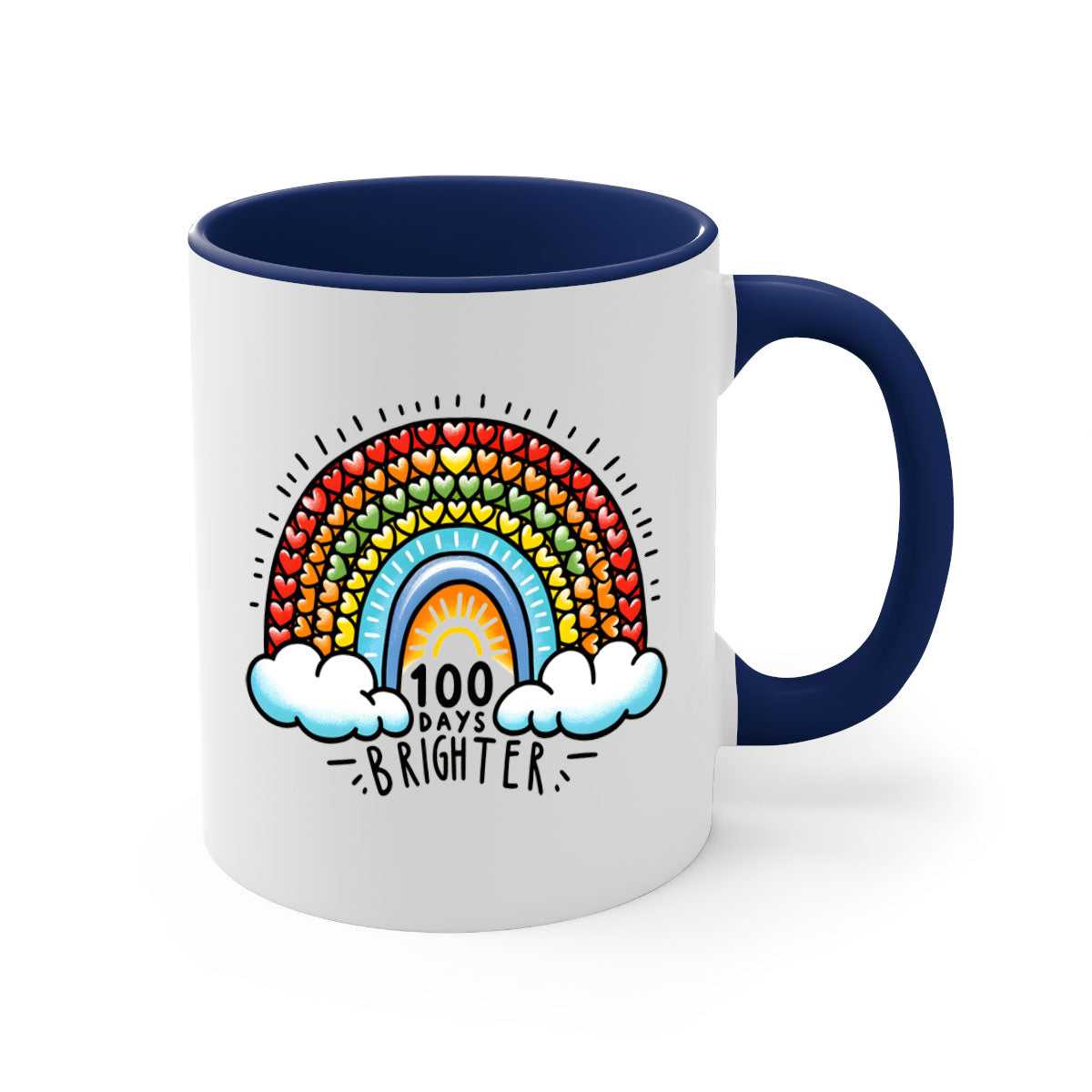 A vibrant two-tone 100 Days Brighter Mug with a colored handle and glossy finish, available in multiple colors.