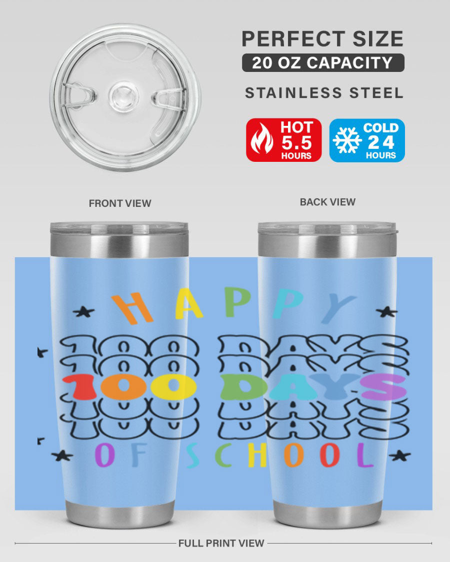 100 Days of School Sublimation Tumbler, 20oz, double wall vacuum stainless steel with vibrant design, perfect for hot and cold beverages.