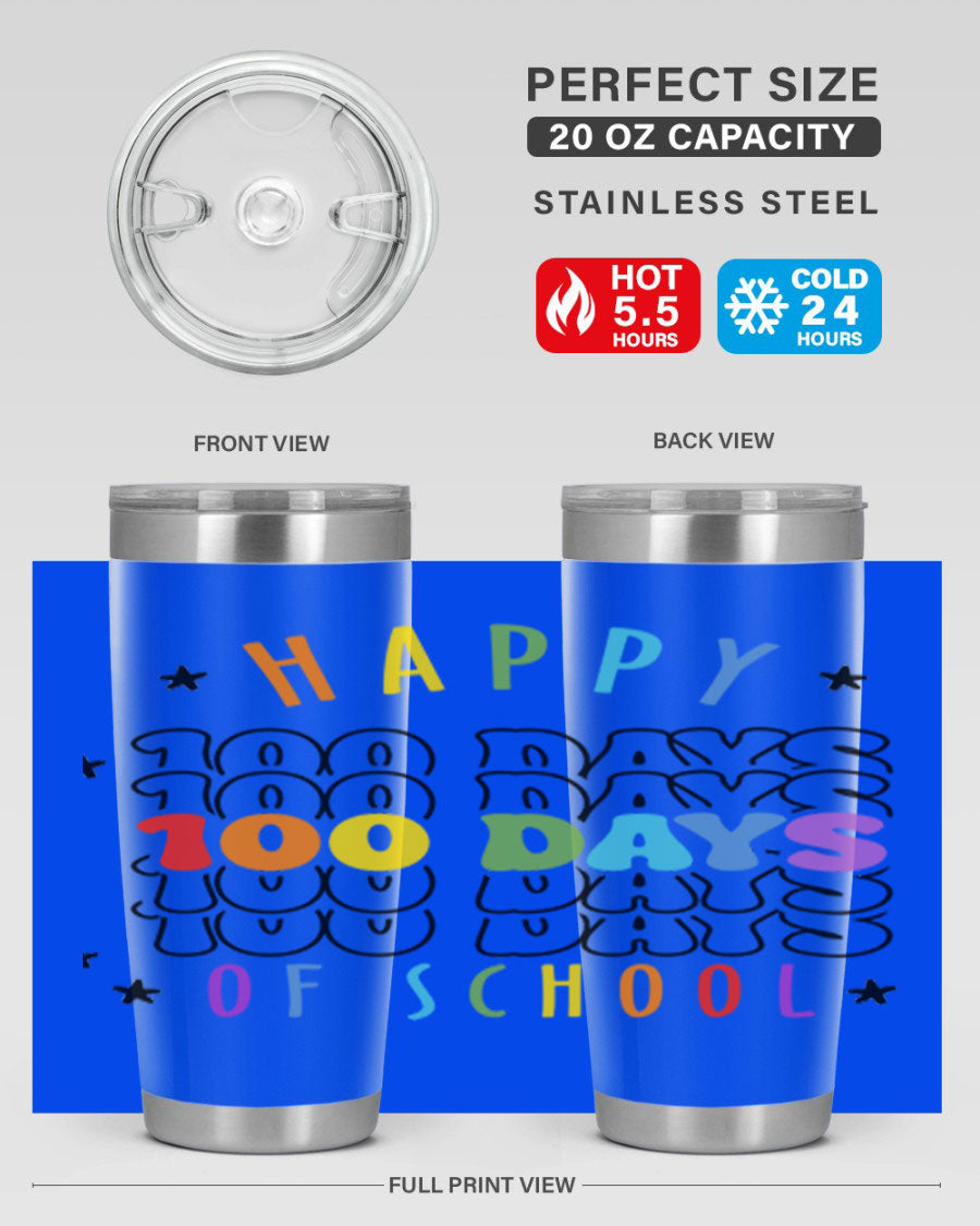 100 Days of School Sublimation Tumbler, 20oz, double wall vacuum stainless steel with vibrant design, perfect for hot and cold beverages.