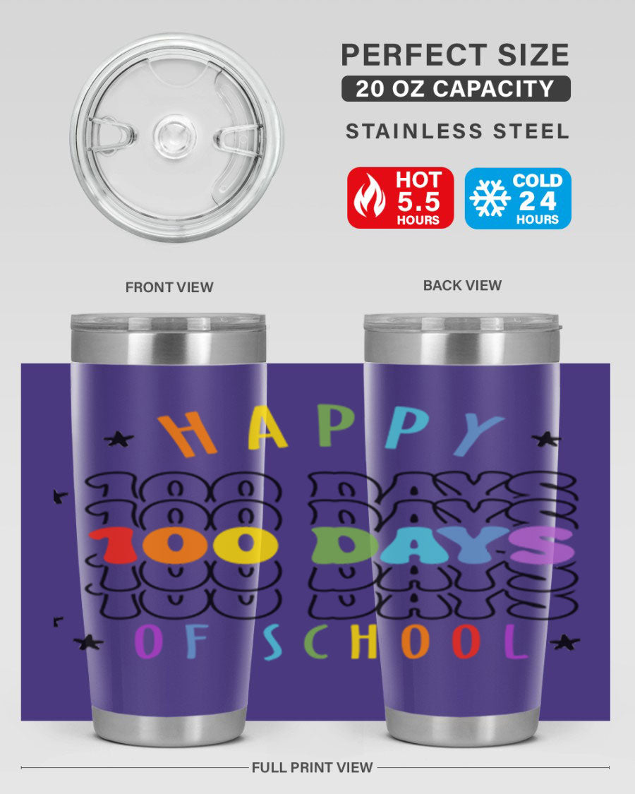 100 Days of School Sublimation Tumbler, 20oz, double wall vacuum stainless steel with vibrant design, perfect for hot and cold beverages.