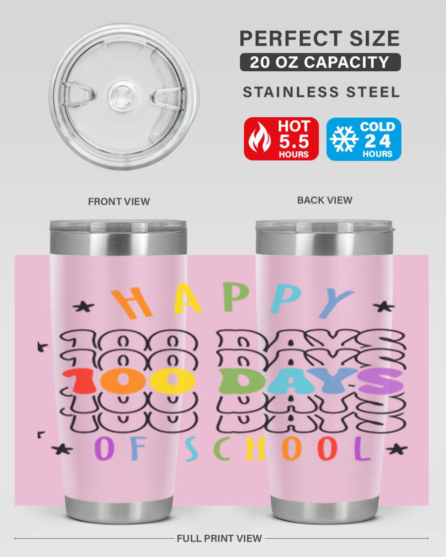 100 Days of School Sublimation Tumbler, 20oz, double wall vacuum stainless steel with vibrant design, perfect for hot and cold beverages.