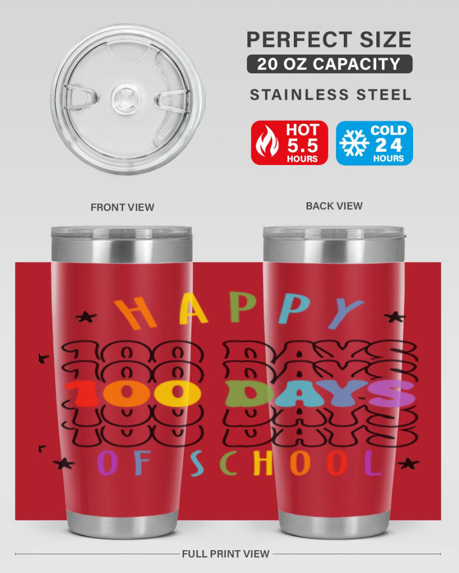 100 Days of School Sublimation Tumbler, 20oz, double wall vacuum stainless steel with vibrant design, perfect for hot and cold beverages.