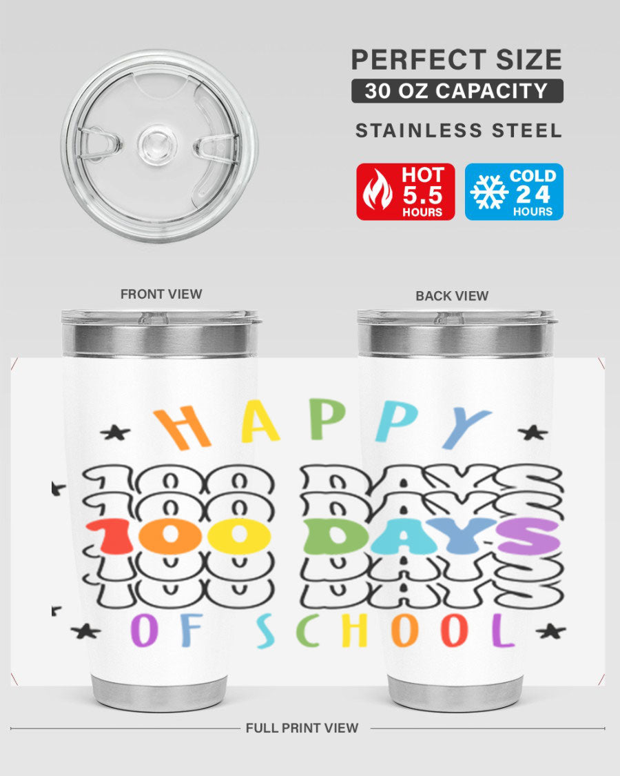 100 Days of School Sublimation Tumbler, 20oz, double wall vacuum stainless steel with vibrant design, perfect for hot and cold beverages.