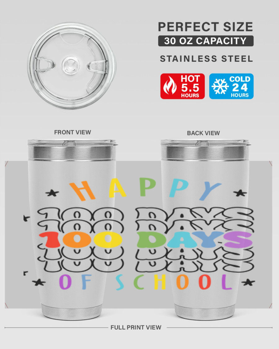 100 Days of School Sublimation Tumbler, 20oz, double wall vacuum stainless steel with vibrant design, perfect for hot and cold beverages.