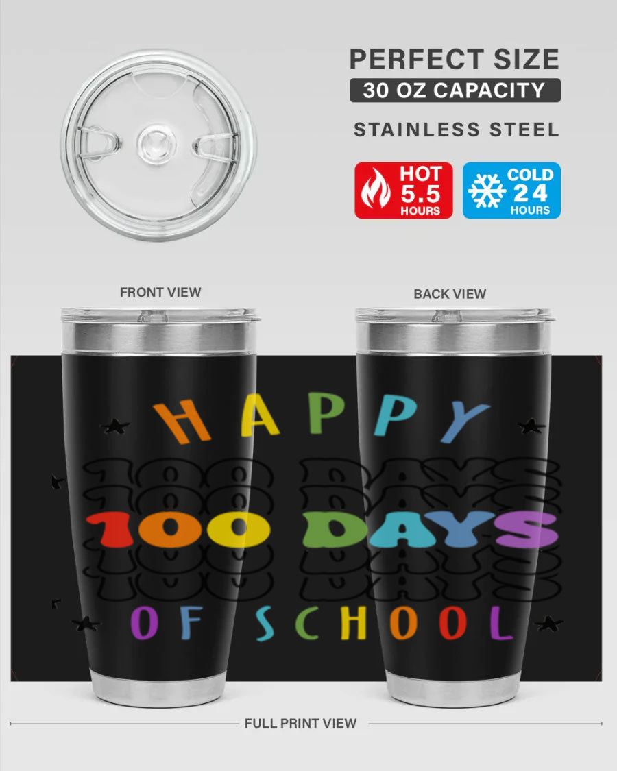 100 Days of School Sublimation Tumbler, 20oz, double wall vacuum stainless steel with vibrant design, perfect for hot and cold beverages.