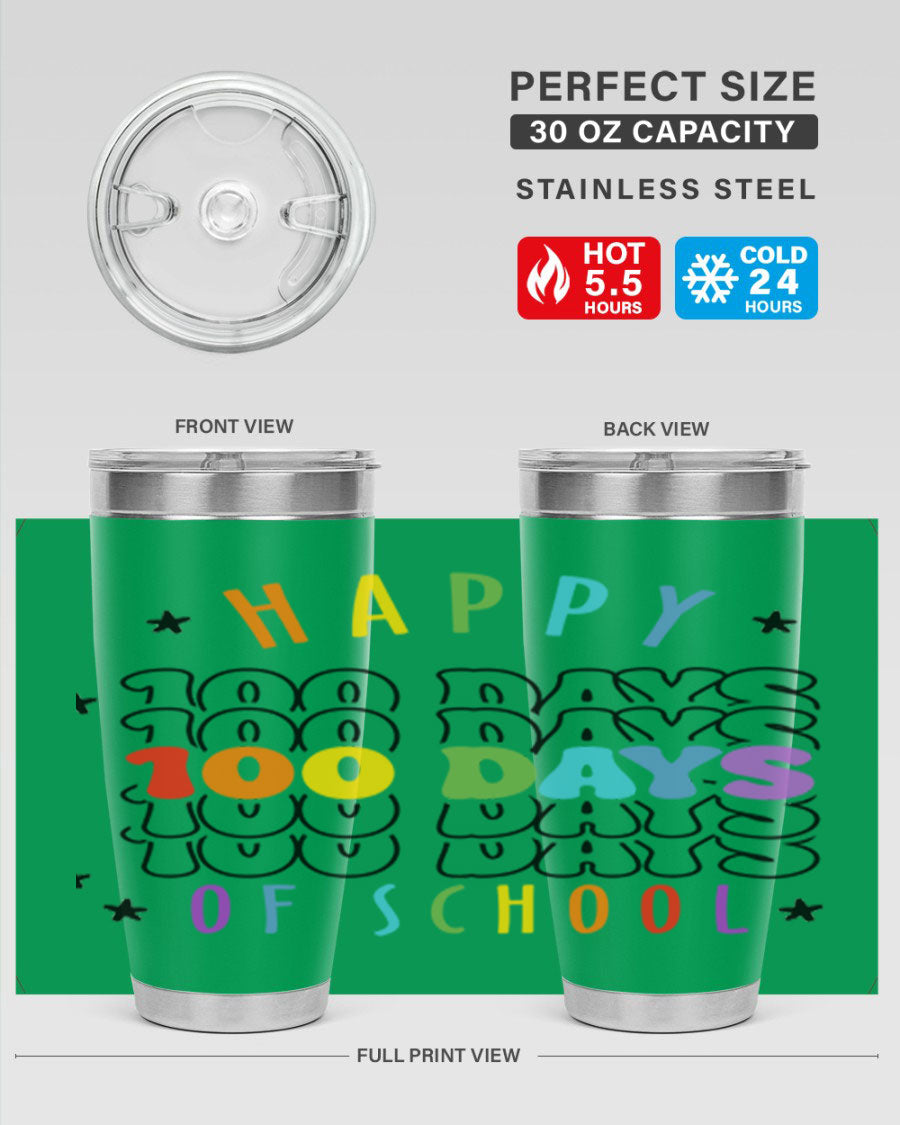 100 Days of School Sublimation Tumbler, 20oz, double wall vacuum stainless steel with vibrant design, perfect for hot and cold beverages.