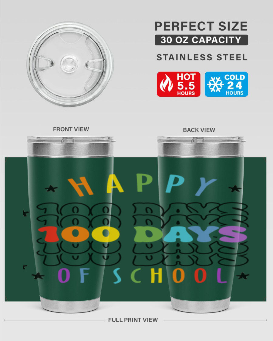 100 Days of School Sublimation Tumbler, 20oz, double wall vacuum stainless steel with vibrant design, perfect for hot and cold beverages.