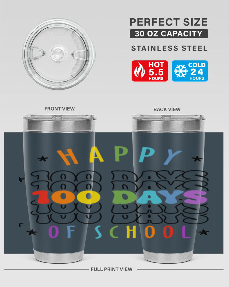 100 Days of School Sublimation Tumbler, 20oz, double wall vacuum stainless steel with vibrant design, perfect for hot and cold beverages.