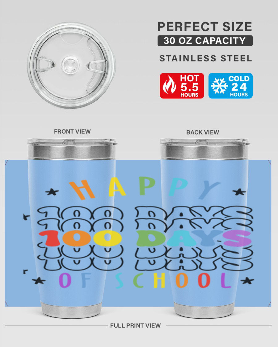 100 Days of School Sublimation Tumbler, 20oz, double wall vacuum stainless steel with vibrant design, perfect for hot and cold beverages.