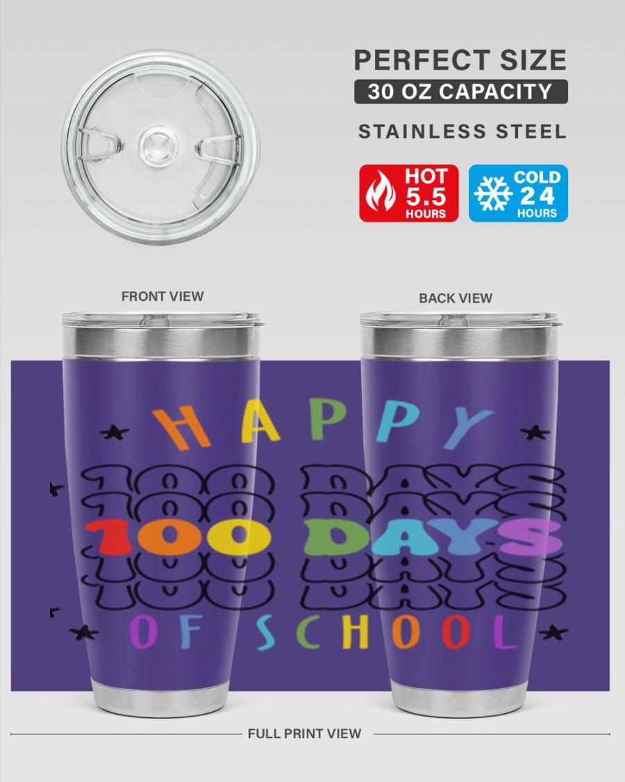100 Days of School Sublimation Tumbler, 20oz, double wall vacuum stainless steel with vibrant design, perfect for hot and cold beverages.