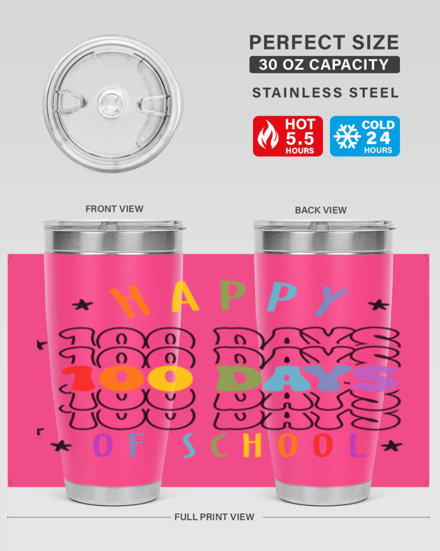 100 Days of School Sublimation Tumbler, 20oz, double wall vacuum stainless steel with vibrant design, perfect for hot and cold beverages.