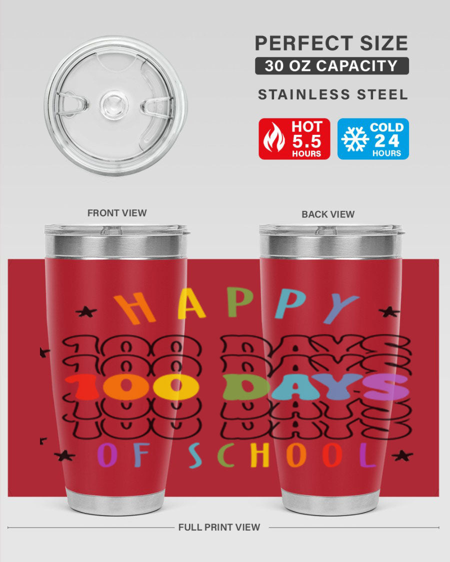 100 Days of School Sublimation Tumbler, 20oz, double wall vacuum stainless steel with vibrant design, perfect for hot and cold beverages.