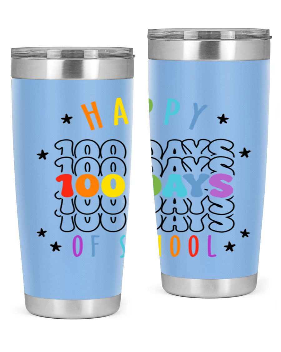 100 Days of School Sublimation Tumbler, 20oz, double wall vacuum stainless steel with vibrant design, perfect for hot and cold beverages.