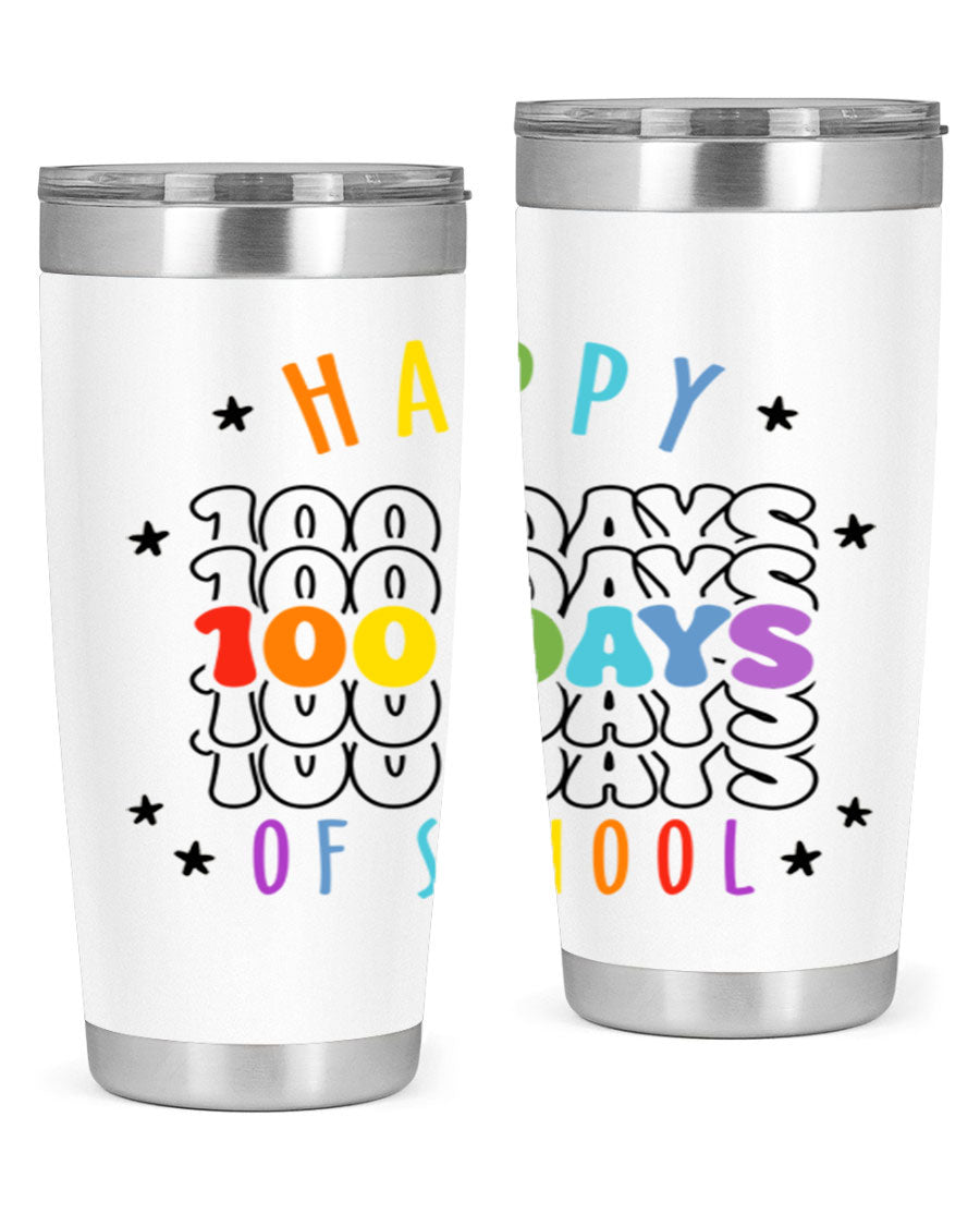 100 Days of School Sublimation Tumbler, 20oz, double wall vacuum stainless steel with vibrant design, perfect for hot and cold beverages.