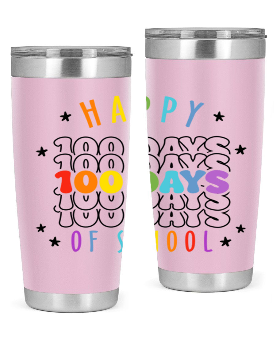 100 Days of School Sublimation Tumbler, 20oz, double wall vacuum stainless steel with vibrant design, perfect for hot and cold beverages.