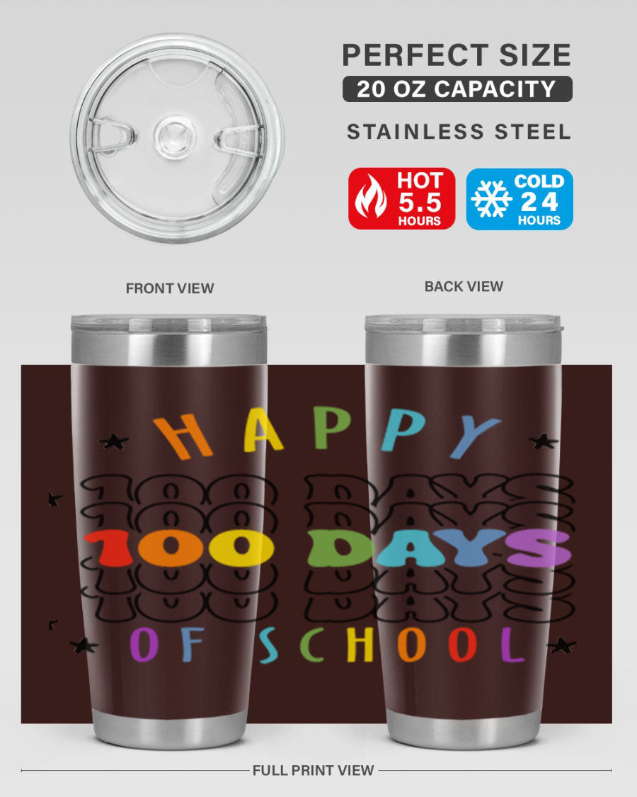 100 Days of School Sublimation Tumbler, 20oz, double wall vacuum stainless steel with vibrant design, perfect for hot and cold beverages.