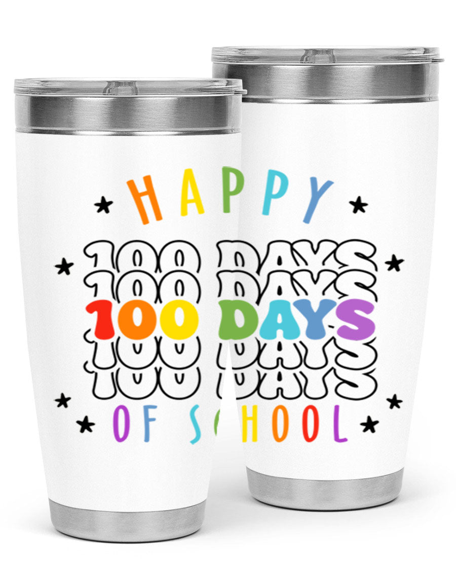 100 Days of School Sublimation Tumbler, 20oz, double wall vacuum stainless steel with vibrant design, perfect for hot and cold beverages.