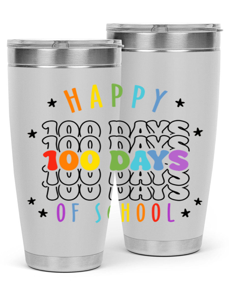 100 Days of School Sublimation Tumbler, 20oz, double wall vacuum stainless steel with vibrant design, perfect for hot and cold beverages.