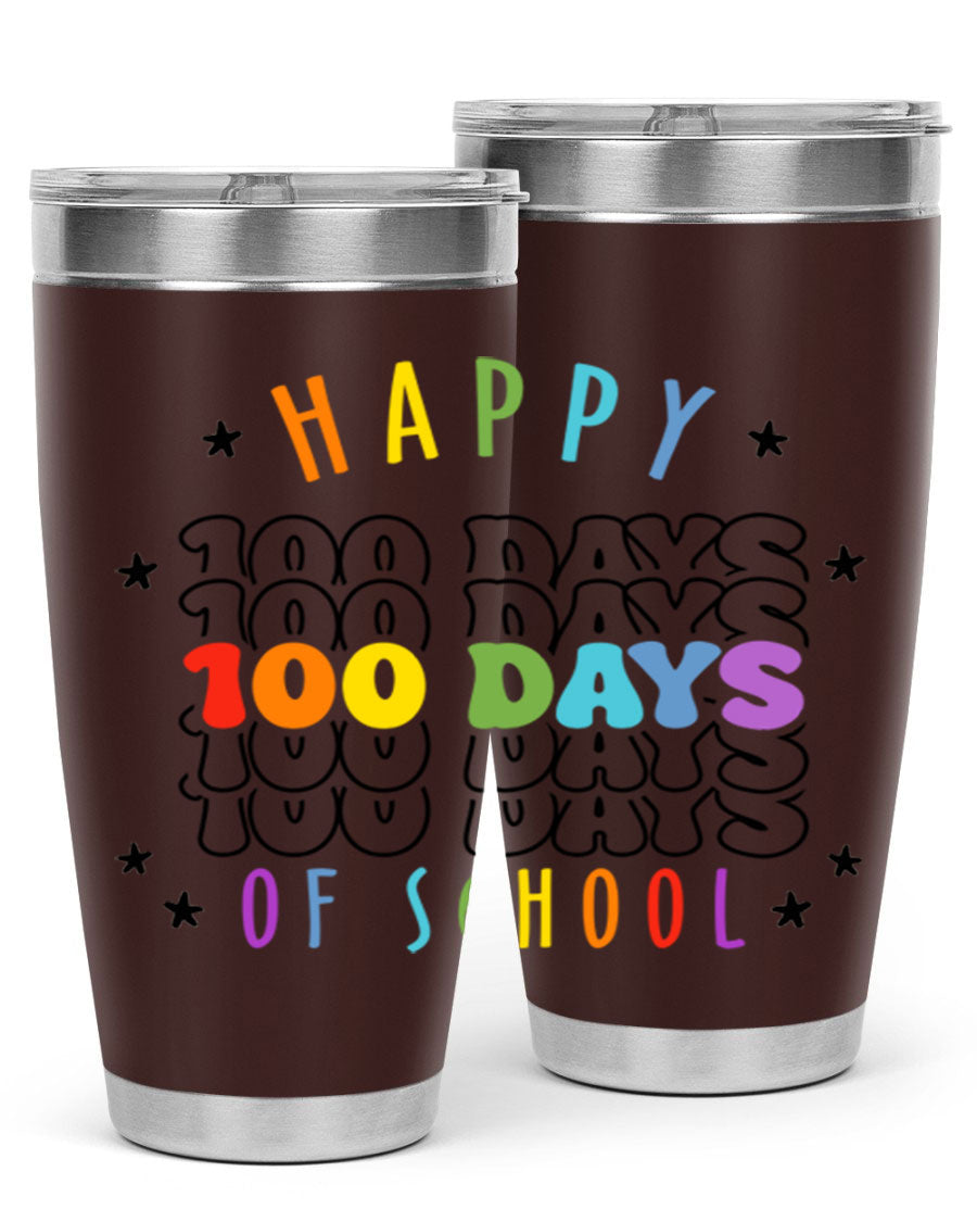 100 Days of School Sublimation Tumbler, 20oz, double wall vacuum stainless steel with vibrant design, perfect for hot and cold beverages.