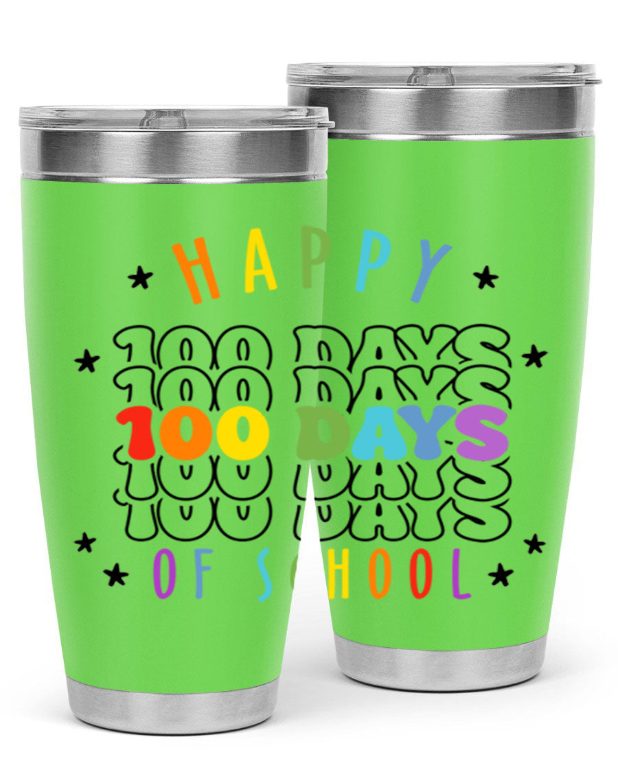 100 Days of School Sublimation Tumbler, 20oz, double wall vacuum stainless steel with vibrant design, perfect for hot and cold beverages.