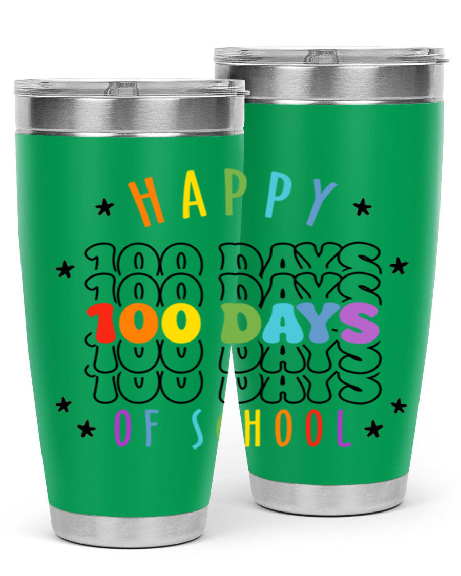 100 Days of School Sublimation Tumbler, 20oz, double wall vacuum stainless steel with vibrant design, perfect for hot and cold beverages.
