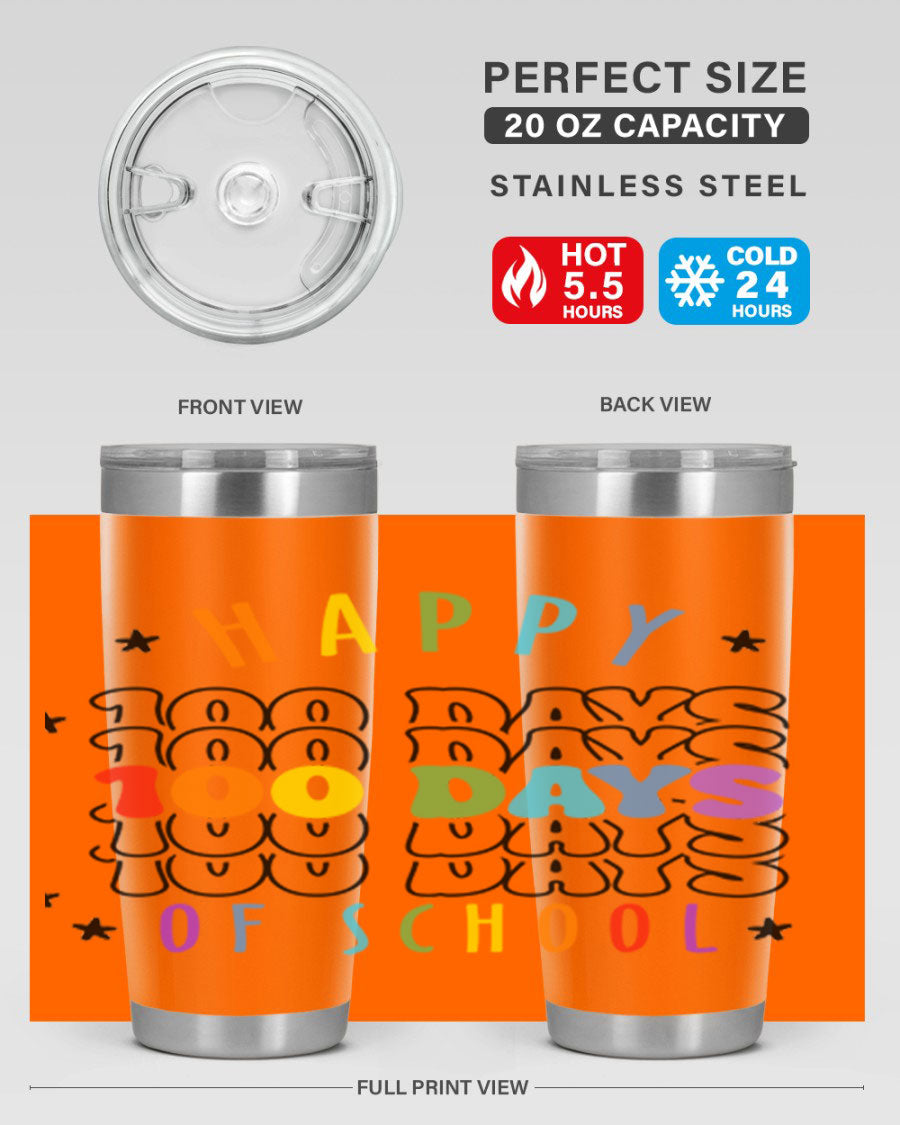 100 Days of School Sublimation Tumbler, 20oz, double wall vacuum stainless steel with vibrant design, perfect for hot and cold beverages.