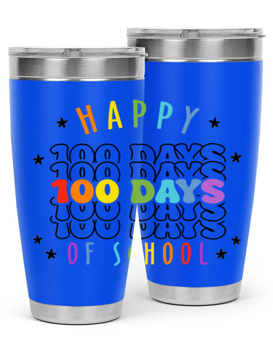 100 Days of School Sublimation Tumbler, 20oz, double wall vacuum stainless steel with vibrant design, perfect for hot and cold beverages.