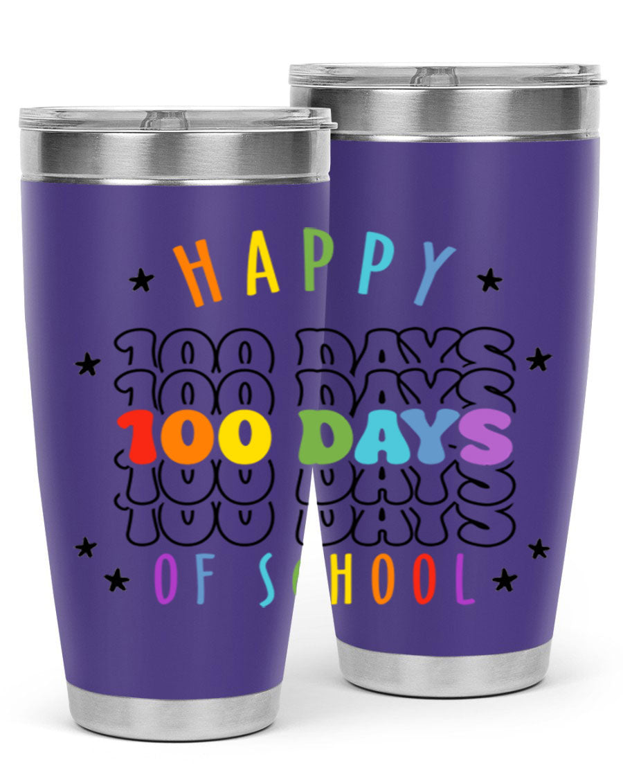100 Days of School Sublimation Tumbler, 20oz, double wall vacuum stainless steel with vibrant design, perfect for hot and cold beverages.