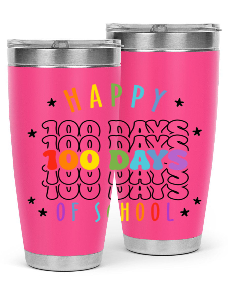 100 Days of School Sublimation Tumbler, 20oz, double wall vacuum stainless steel with vibrant design, perfect for hot and cold beverages.