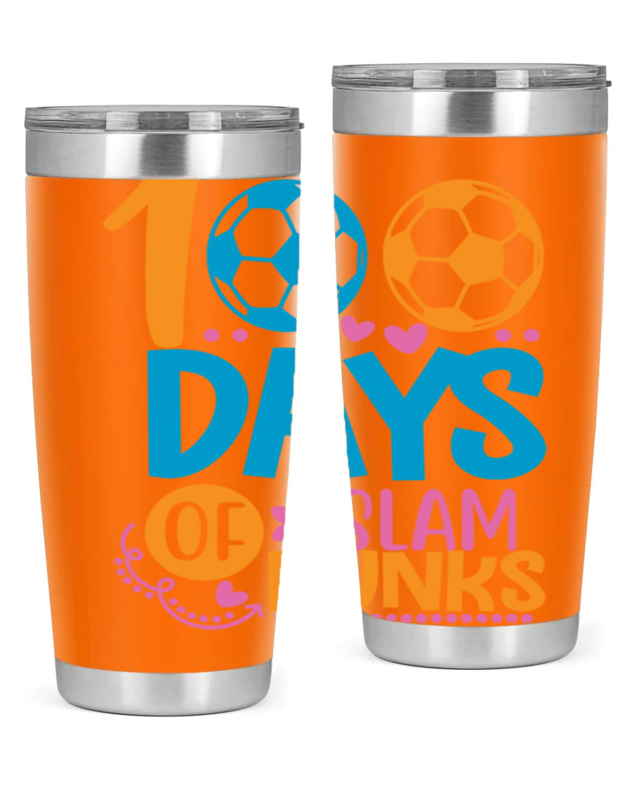 100 Days of Slam Dunks 20oz Tumbler featuring double wall vacuum insulation and a drink-thru lid, perfect for hot and cold beverages.