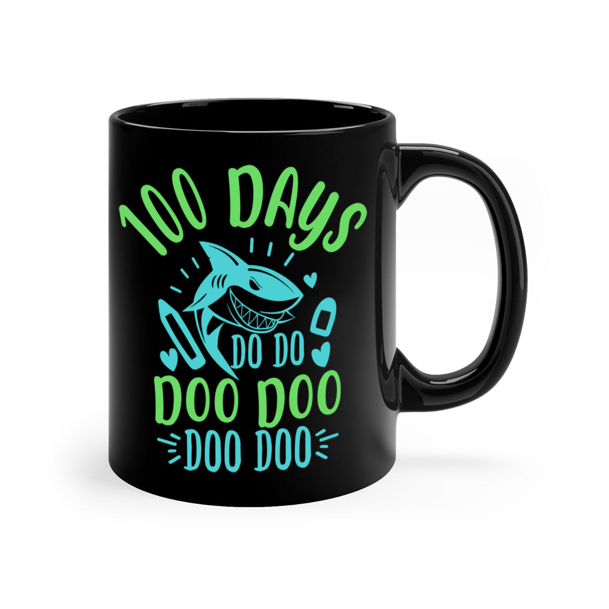 A stylish two-tone ceramic mug featuring the 100 days shark doo doo design, available in multiple colors with a glossy finish.