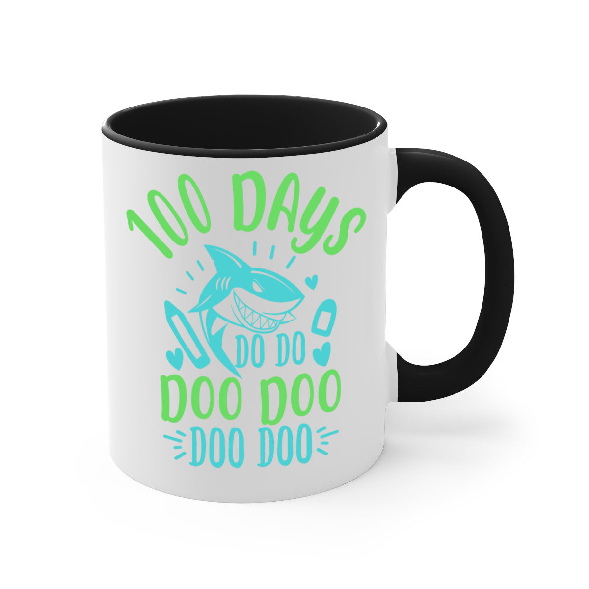 A stylish two-tone ceramic mug featuring the 100 days shark doo doo design, available in multiple colors with a glossy finish.