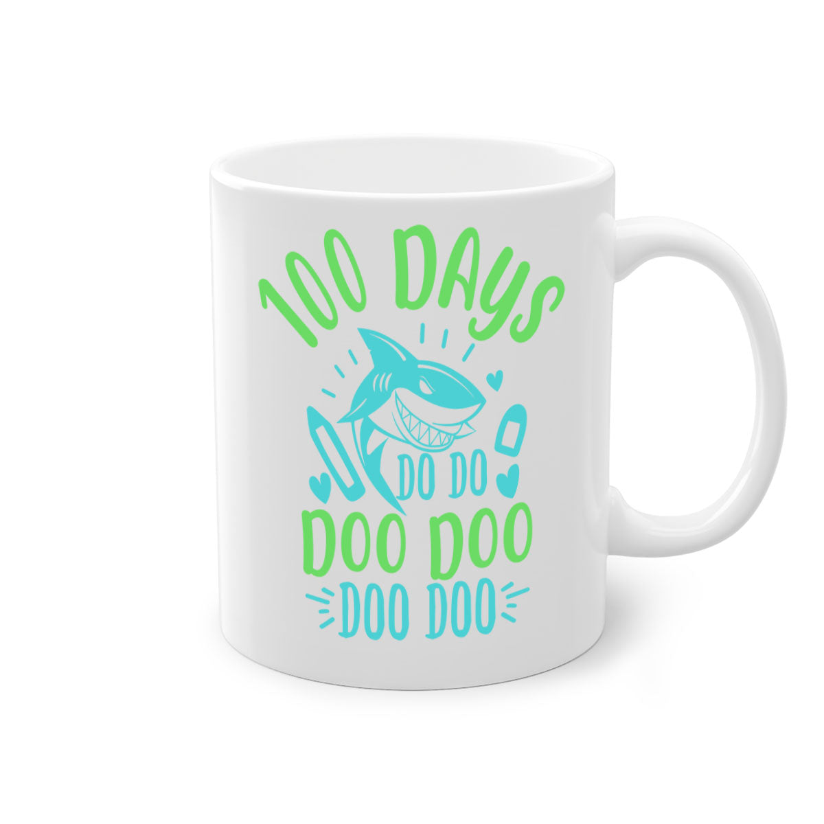 A stylish two-tone ceramic mug featuring the 100 days shark doo doo design, available in multiple colors with a glossy finish.