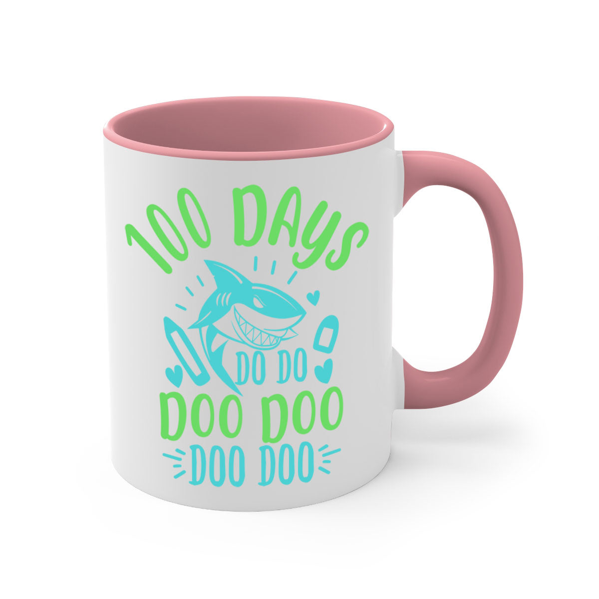 A stylish two-tone ceramic mug featuring the 100 days shark doo doo design, available in multiple colors with a glossy finish.