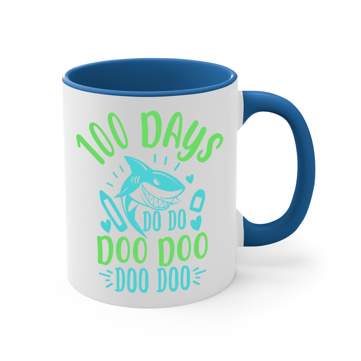 A stylish two-tone ceramic mug featuring the 100 days shark doo doo design, available in multiple colors with a glossy finish.