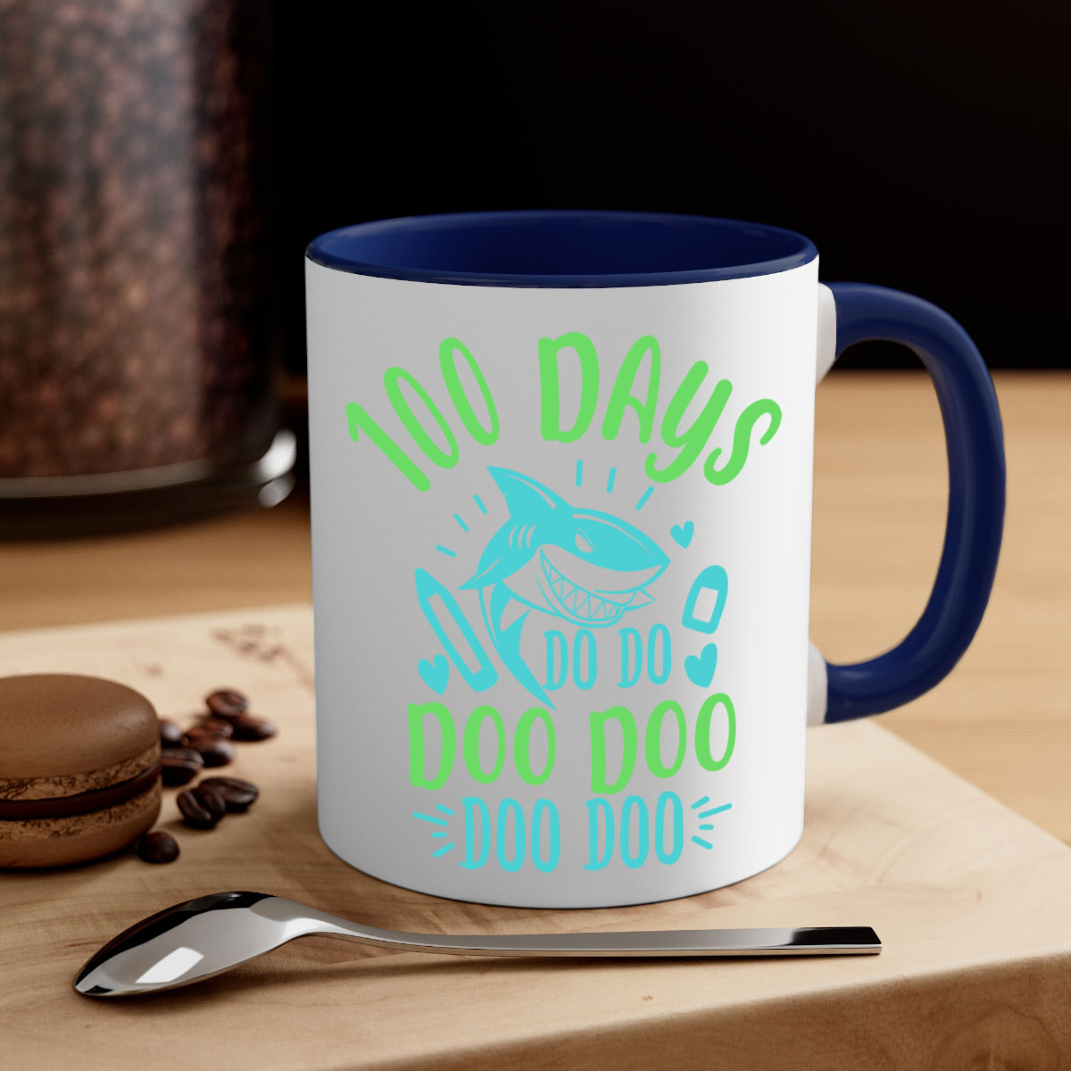 A stylish two-tone ceramic mug featuring the 100 days shark doo doo design, available in multiple colors with a glossy finish.