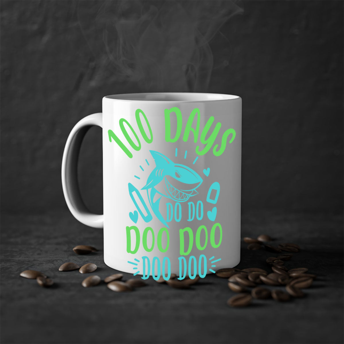 A stylish two-tone ceramic mug featuring the 100 days shark doo doo design, available in multiple colors with a glossy finish.