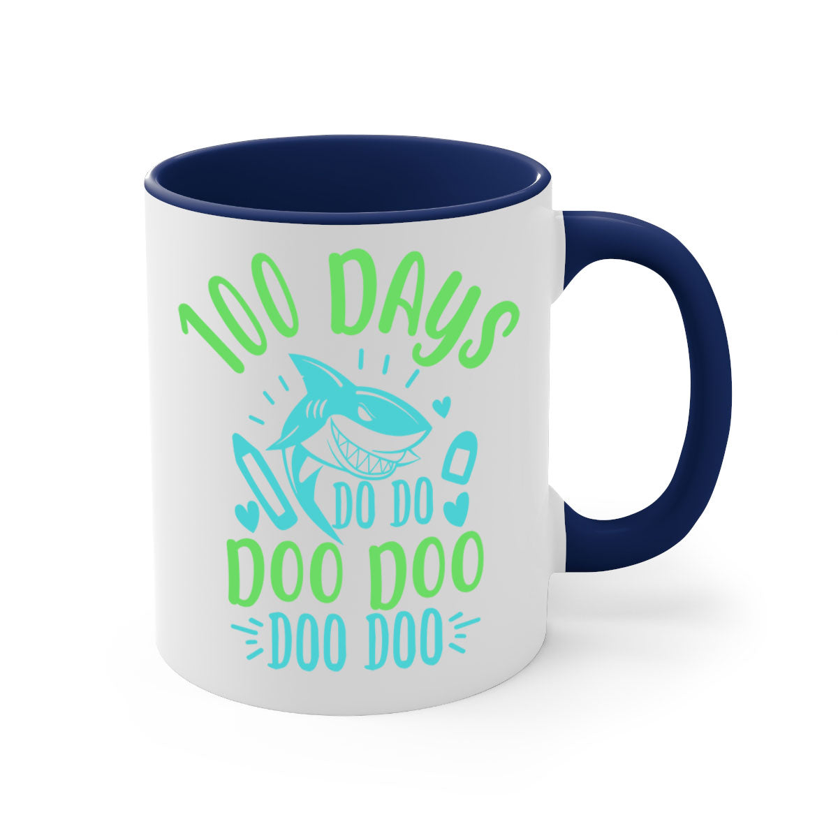 A stylish two-tone ceramic mug featuring the 100 days shark doo doo design, available in multiple colors with a glossy finish.