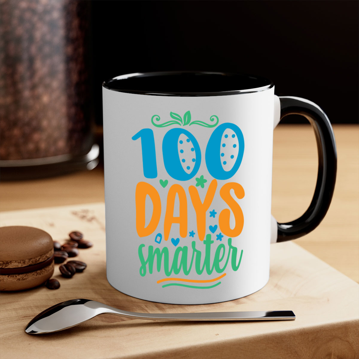 A vibrant two-tone 100 Days Smarter Mug with a colored handle and glossy finish, available in multiple colors.