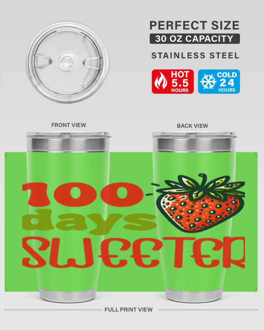 100 Days Sweeter Sublimation Tumblers in 20oz and 30oz sizes, showcasing vibrant designs and stainless steel construction.