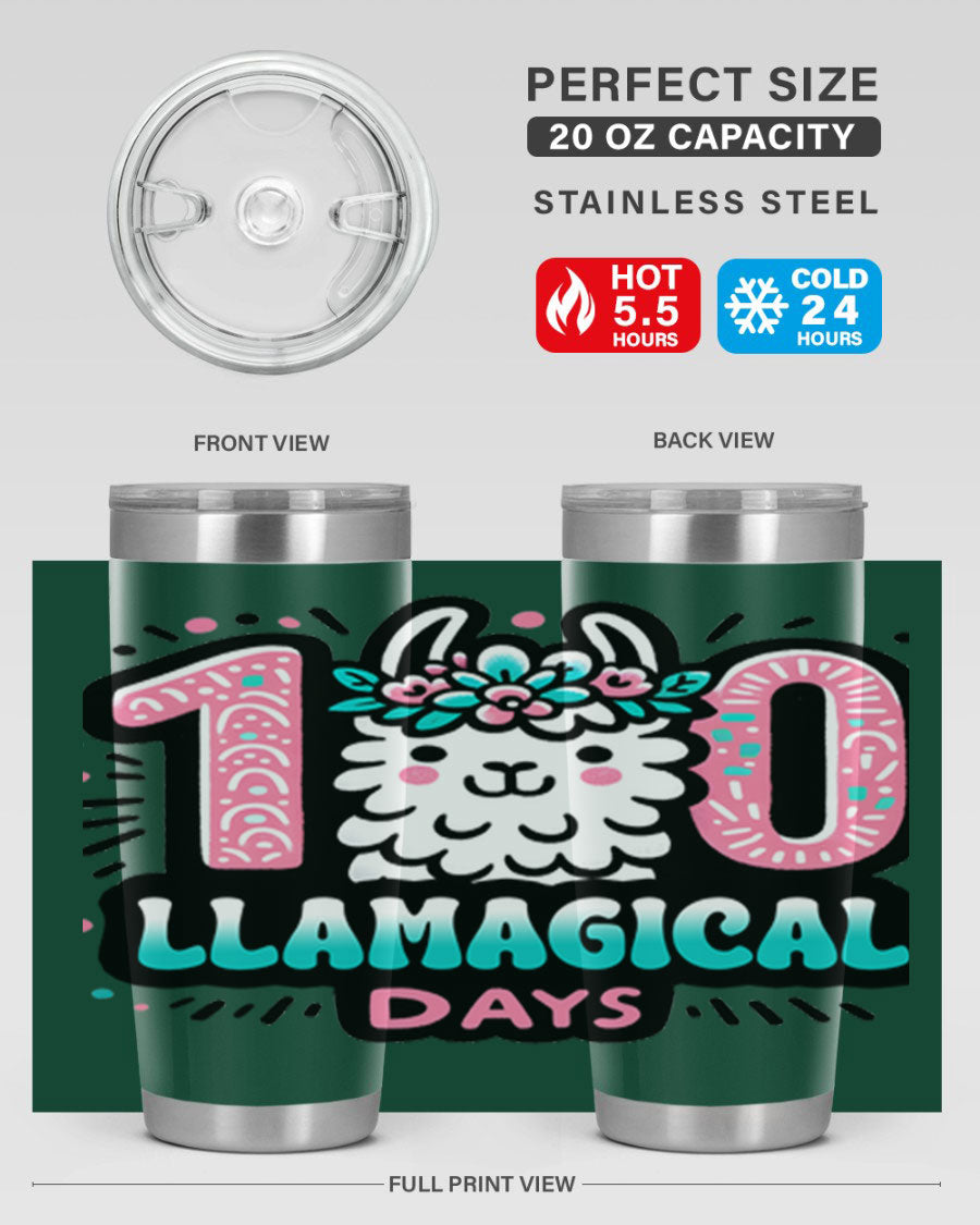 A colorful 20oz and 30oz tumbler featuring a whimsical llamagical design, perfect for celebrating 100 days of school.