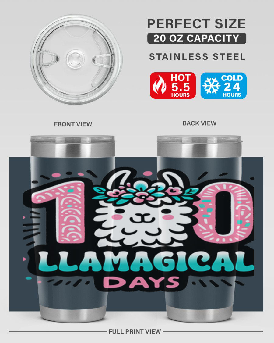 A colorful 20oz and 30oz tumbler featuring a whimsical llamagical design, perfect for celebrating 100 days of school.