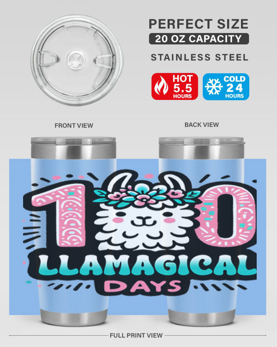 A colorful 20oz and 30oz tumbler featuring a whimsical llamagical design, perfect for celebrating 100 days of school.