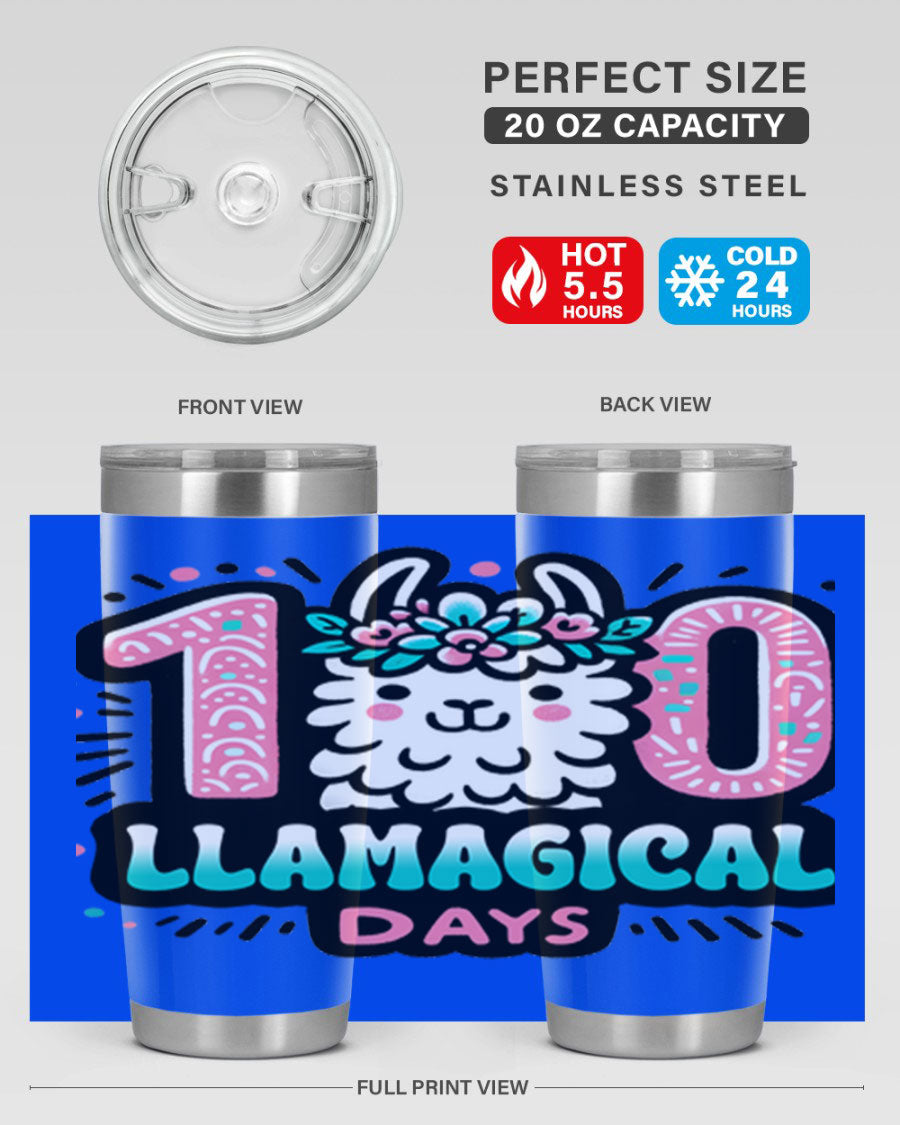 A colorful 20oz and 30oz tumbler featuring a whimsical llamagical design, perfect for celebrating 100 days of school.