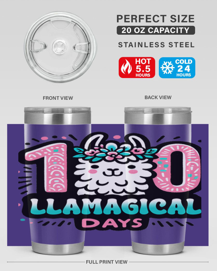 A colorful 20oz and 30oz tumbler featuring a whimsical llamagical design, perfect for celebrating 100 days of school.