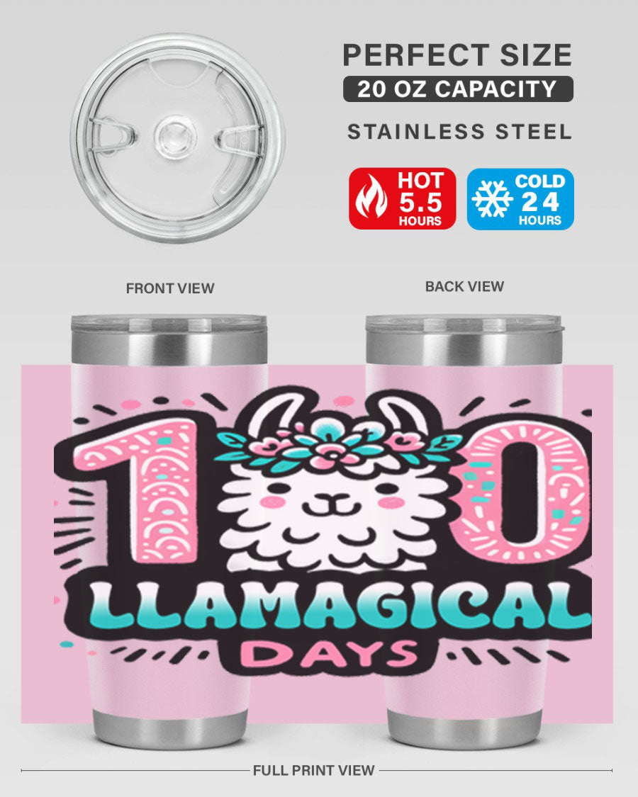 A colorful 20oz and 30oz tumbler featuring a whimsical llamagical design, perfect for celebrating 100 days of school.