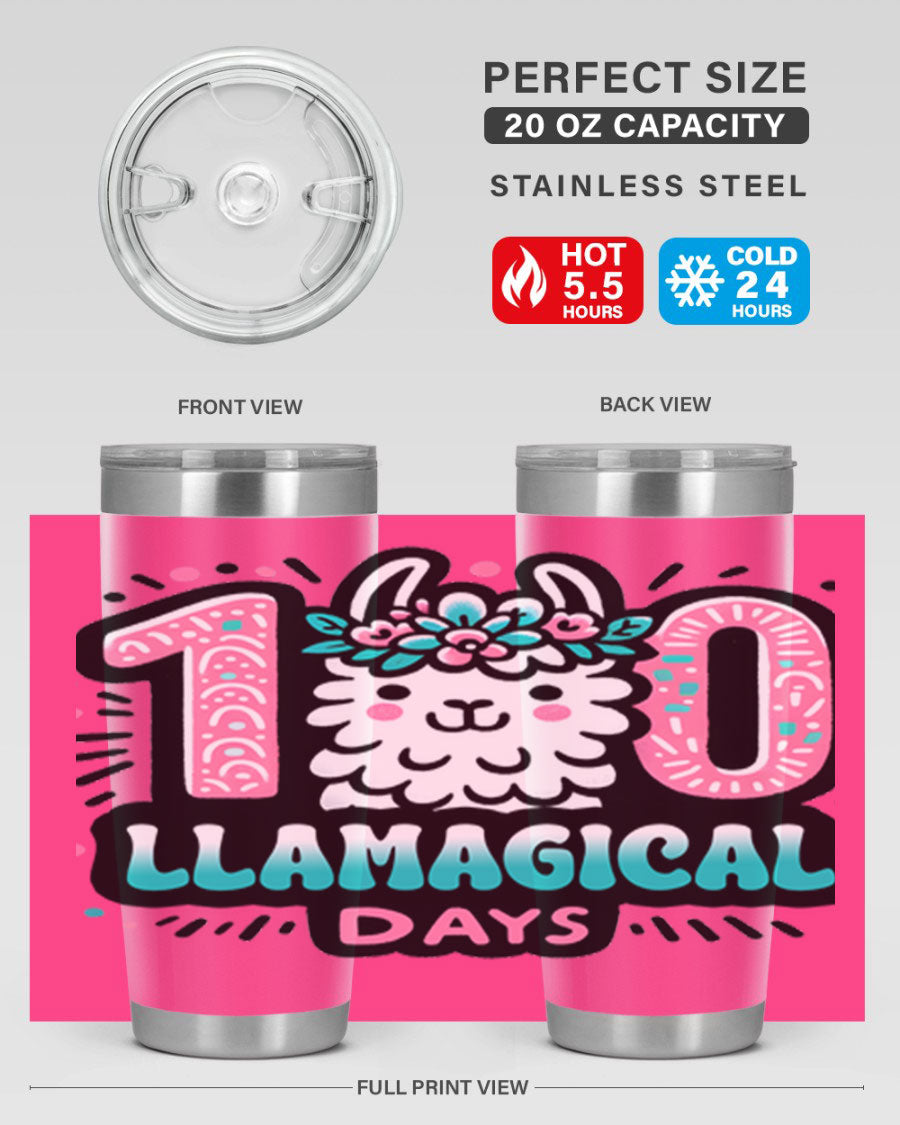 A colorful 20oz and 30oz tumbler featuring a whimsical llamagical design, perfect for celebrating 100 days of school.